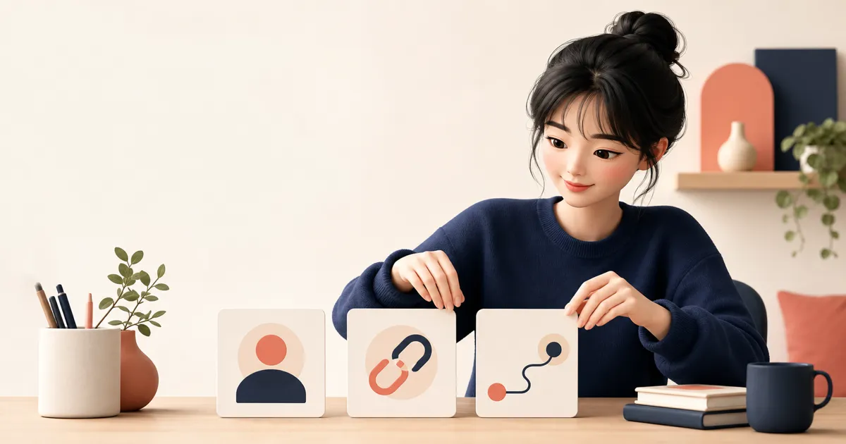 An illustrated creator arranging three cards for an introduction, a priority link, and an inquiry path